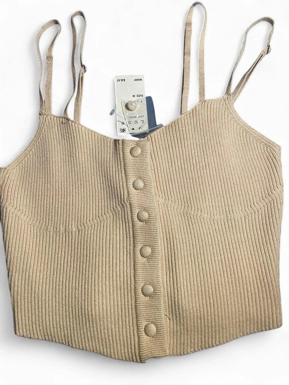 Lush Ribbed Button Front Camisole in Beige Size Medium NWT